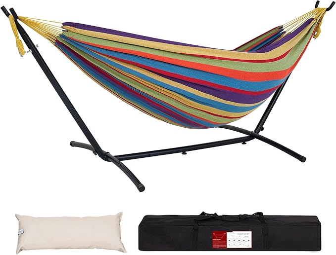 Lazy Daze Portable Hammock with Stand, Free Standing Hammocks for Indoor Outdoor Patio Yard, Has a Carrying Bag and Pillow, 9ft Hamacas Heavy Duty 2 Person Amaca 450 lbs Capacity(Purple Stripes)