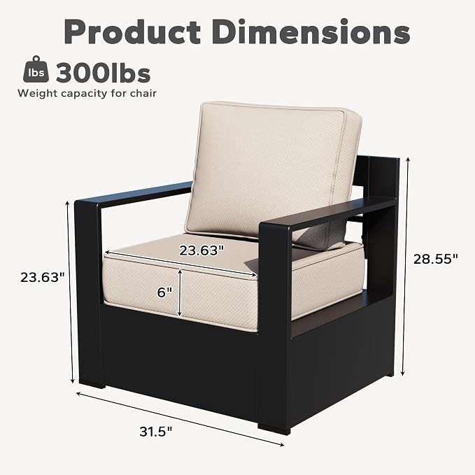 Outdoor Aluminum Furniture, Patio Chairs with 6" Thick Removable Cushions, All-Weather Metal Frame, Deep Setting for Garden, Poolside and Porch,Beige