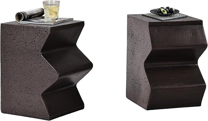 HOMPUS Outdoor Concrete Side Table w Spotted, Set of 2 Patio End Table Modern Vintage MgO, Lightweight Functional Combine Accent Table for Indoor Outdoor Use, Garden, Deck, Poolside, Brown