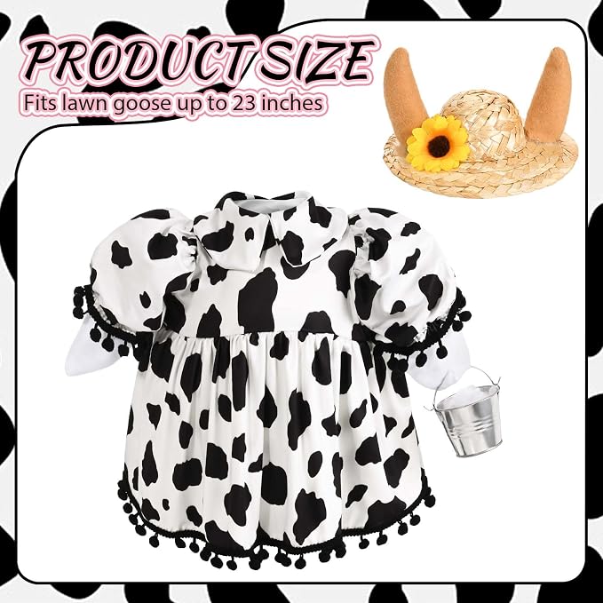 Honic Cow Porch Goose Outfits Funny Farmhouse Goose Costume with Dress Hat and Mini Milk Bucket for 23 Inch Cement or Plastic Goose for Spring Summer Outdoor Garden Yard Patio Lawn Decor