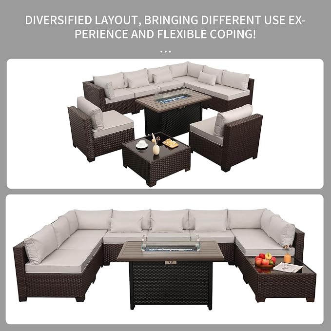 Rattaner 10 Pieces Outdoor Sectional All-Weather Wicker Patio Furniture Set Patio Sectional and Steel Fire Table and Glass Patio Table Non-Slip Cushions and Waterproof Covers, Beige