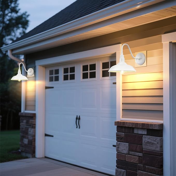 Outdoor Gooseneck Barn Light Fixture with Wall Mount, 10'' Diameter White Exterior Waterproof Wall Lantern for Porch, Farmhouse Wall Sconce, 2 Pack, LM2201-WH-2P