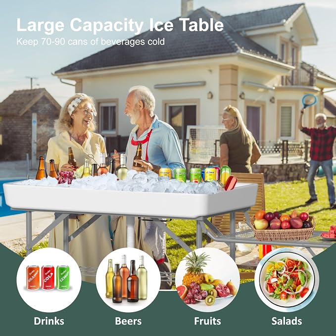Ice Cooler Table with Foldable Extension Stand, 4 Foot Outdoor Ice Table with Matching Skirt & Drain Hose, Folding Cooler Server with Metal Shelf for Party, BBQ, Camping Picnic, White