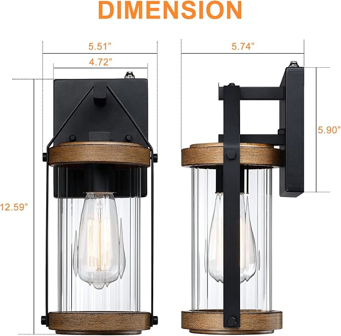 2 Pack Dusk to Dawn Sensor Outdoor Wall Lights with Wood Grain | Exterior Lantern Sconce Lighting Fixtures Waterproof Outside Wall Mount Lamp for House Patio Garage Entryway Doorway
