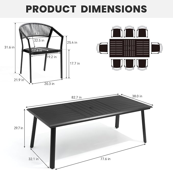 9-Piece Aluminum Outdoor Patio Dining Set with 8 Stackable Wicker Chairs | 83" Rectangular Outdoor Table with Barrel Grey Chairs Weather Resistant Furniture for Backyard, Deck, Poolside