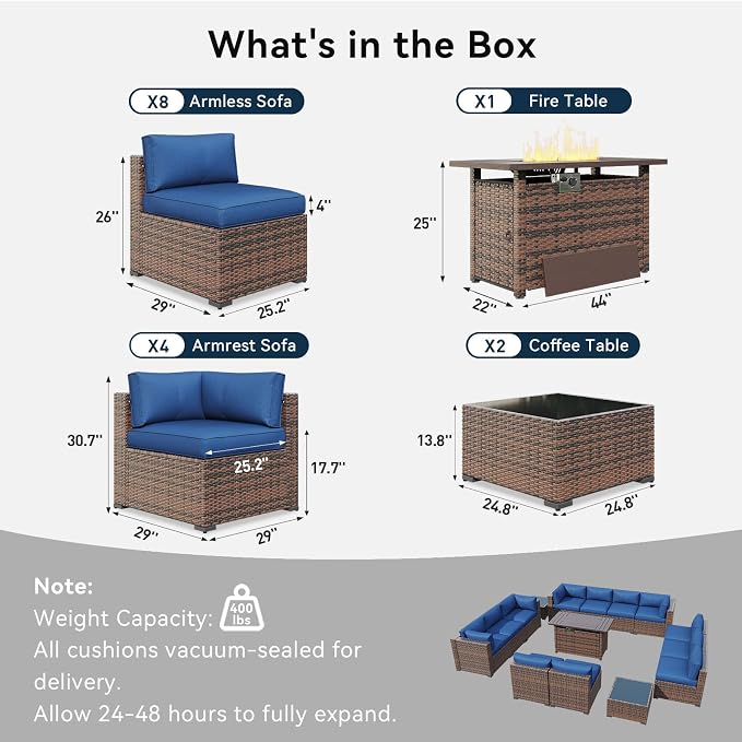 LazySunsets 15 Piece Outdoor Patio Furniture Set with 44'' Fire Pit Table, Outdoor Patio Furniture Set with 4'' Thicken Cushion, Wicker Rattan Outdoor Conversation Set for Backyard & Garden, Blue