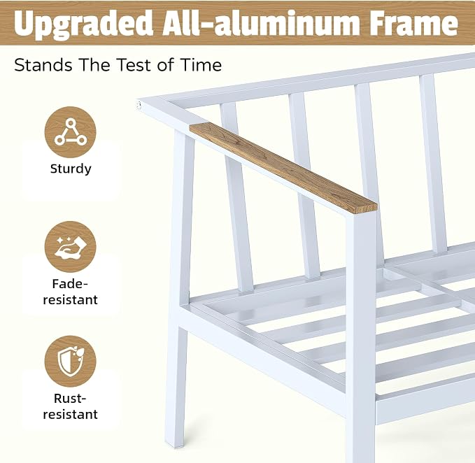 Aug-guan Aluminum Patio Furniture Set 4 Piece, Outdoor Conversation Set with 5" Cushions, Olefin Fabric, Rustproof Frame, Non-Slip Feet, Compact Patio Sofa Set for Balcony, Backyard, Porch,White