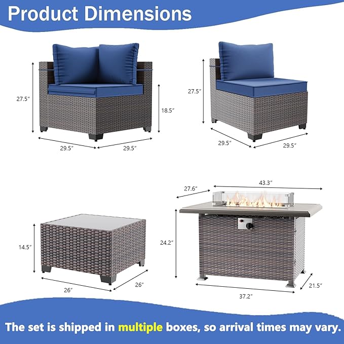 13 Pieces Outdoor Patio Furniture Set,Outdoor Sectional Furniture with 43" 55000 BTU Gas Propane Fire Pit Table,PE Rattan Wicker Patio Conversation Set with 10 Thickened Cushions,Navy Blue
