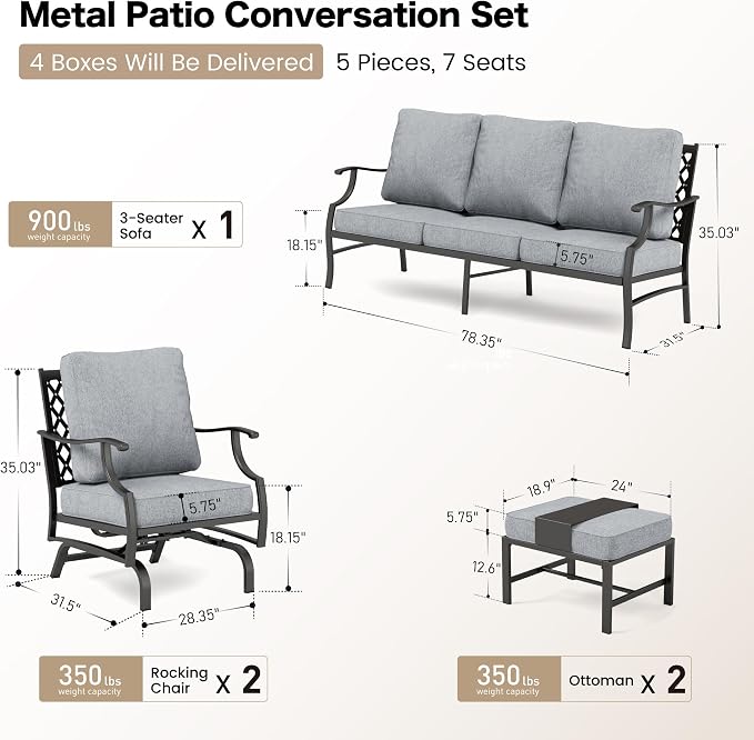 SUNSHINE VALLEY 7 Piece Metal Outdoor Patio Furniture Set, Patio Conversation Sets 3-seater Sofa, 2 Rocking Chair, 2 Ottomans with 5.75" Thick Cushion, Black All-weather Frame Backyard Furniture, Gray