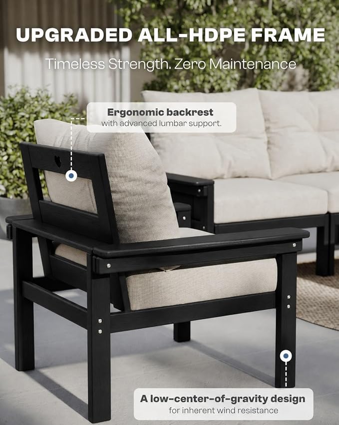 HDPE Patio Sofa Set, 3-Piece Sectional Outdoor Patio Furniture Set, All Weather Outdoor Couch Set with Beige Washable Thick Cushions for Lawn, Garden, Deck, Balcony, Porch (Black Frame)