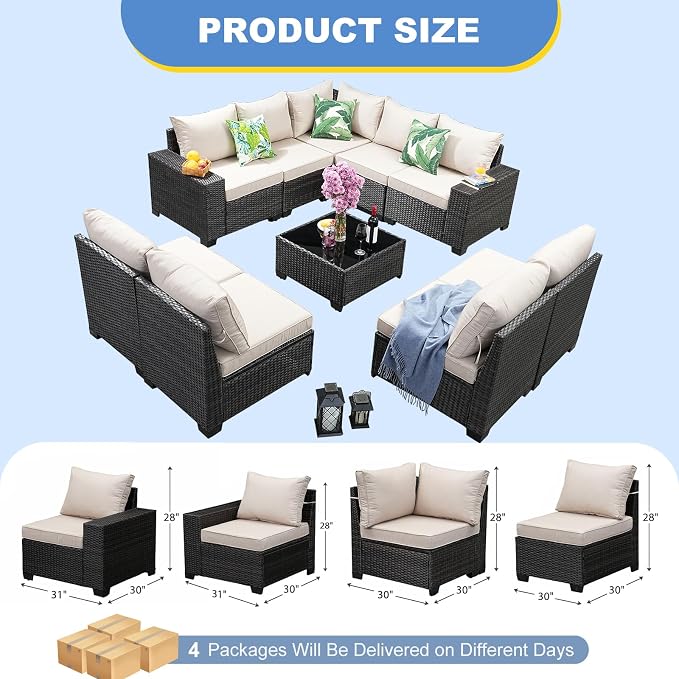 Patio Furniture Set, 10 Pieces Outdoor Couch Sofa with Wider Armrests & Glass Coffee Table, Outdoor Sectional Furniture with Thick Cushions for Party, Poolside,Garden-Beige