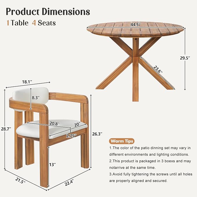 SOFTSEA 5-Piece Outdoor Acacia Wood Dining Set, All-Weather Round Dining Table and 4 Upholstered Chairs for Backyard Deck Poolside, Beige