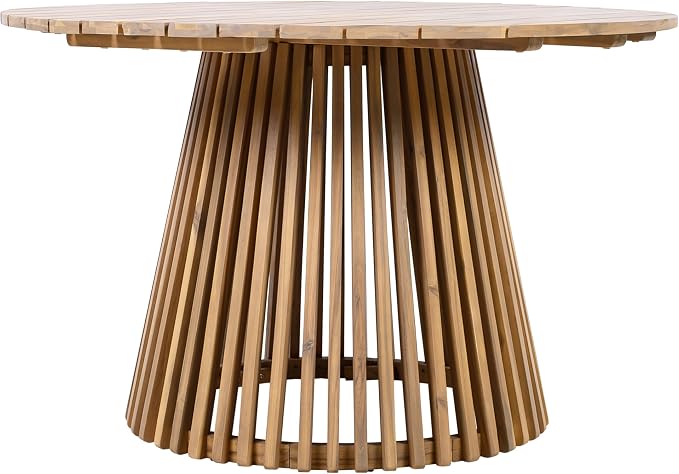 roomfitters 47.25" Round Outdoor Dining Table, Slatted Pedestal Base Acacia Wood Patio Table for 4-6 People, Light Teak