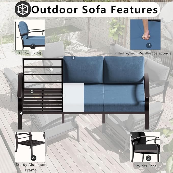 Aluminum Patio Furniture Set, 10 Seats Outdoor Patio Conversation Sets with Swivel Chair Modern Metal Sectional Sofa with Upgrade Cushions for Patio, Backyard - Blue
