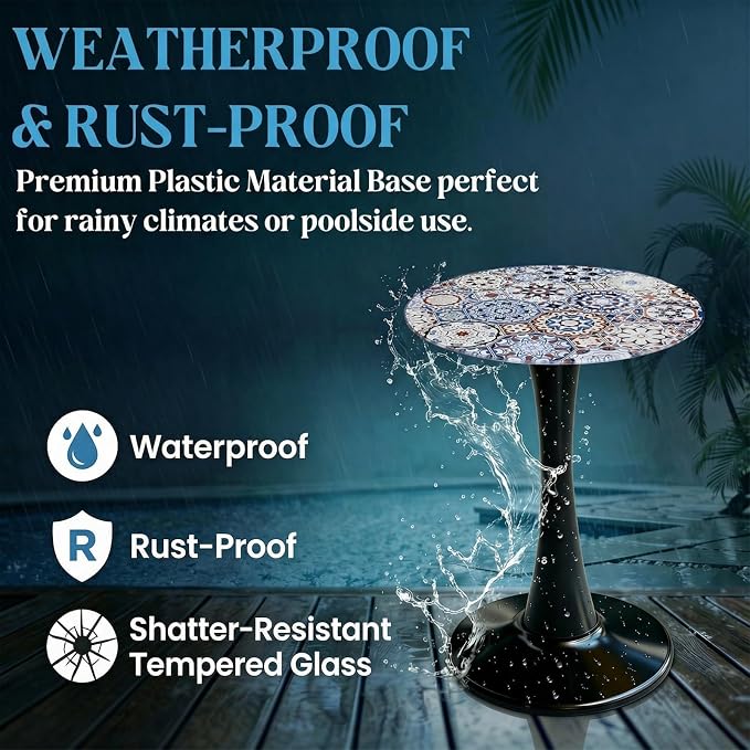 13.4" Outdoor Side Table, Round Patio Bistro Table Printed Tempered Glass Top, Waterproof Rust-Proof Base, Small Plant Stand for Balcony, Garden, Deck, 21.6" H (Bohemia)