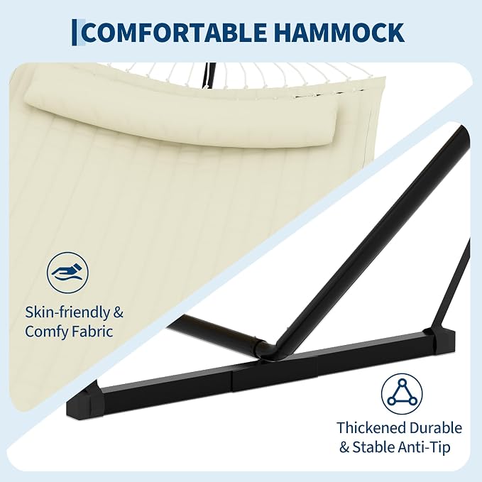 IDEALHOUSE Double Hammock with Stand, 2 Person Outdoor Hammock, 450 Lb Capacity, Pillow Included, 12 ft Stand for Patio, Backyard, Poolside, Beige