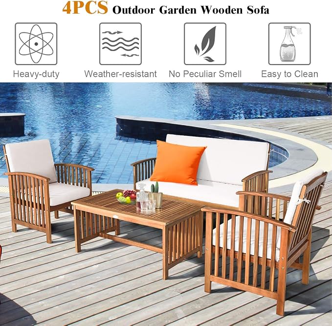 Tangkula Outdoor 4 Pcs Acacia Wood Sofa Set w/Water Resistant Cushions, Padded Patio Seating Chat Set w/Coffee Table for Garden, Backyard, Poolside (1, White)