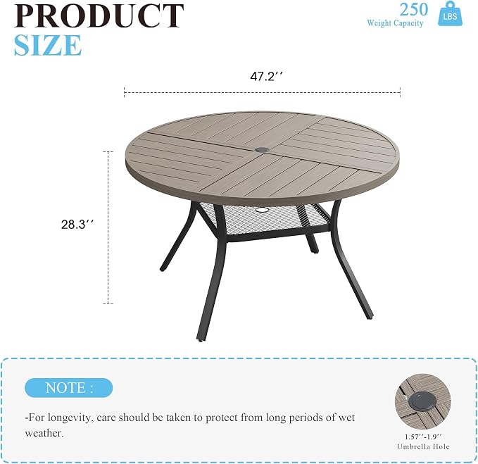 VICLLAX 47.2" Round Patio Table with Umbrella Hole, All Weather Metal Outdoor Dining Table for 6, Outside Table with Storage Shelf for Lawn Garden, Grey Wood-Grain Finish