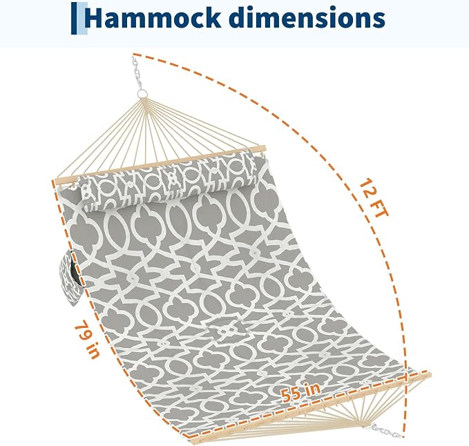 Double Quilted Hammock with Wooden Spreader Bar, 2 Person for Outdoor Without Stand, Patio Backyard Poolside, Light Gray Stripe
