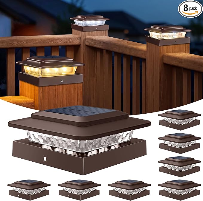 kolpop 4x4 Solar Post Cap Lights Outdoor 8Pack- 3 Color Temperatures&2 Level Brightness, IP65 Waterproof, 16 LED Fence Deck Post Light Solar Powered Only for 4×4/3.5×3.5 Wood/Vinyl Posts(Brown)