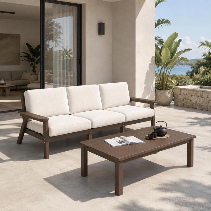 HDPE Outdoor Coffee Table, Weather-Resistant Rectangle Patio Coffee Table with Large Tabletop for Balcony, Deck, Garden, Poolside (Brown)