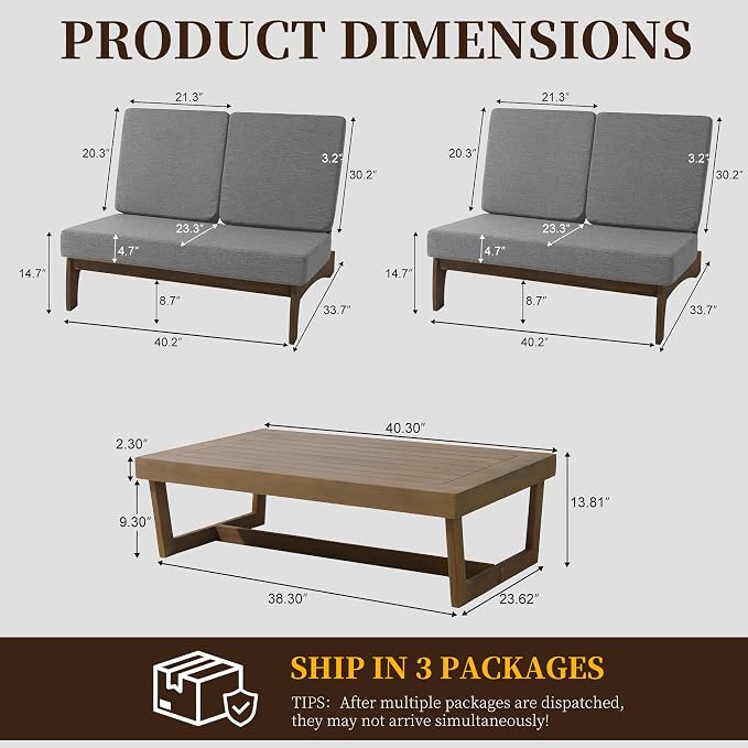 All Weather Wood Patio Furniture Sets, 3 Pieces Patio Loveseat Sofa Outdoor Sectional Futniture Backyard Conversation Set with Solid Wooden Coffee Table - Grey