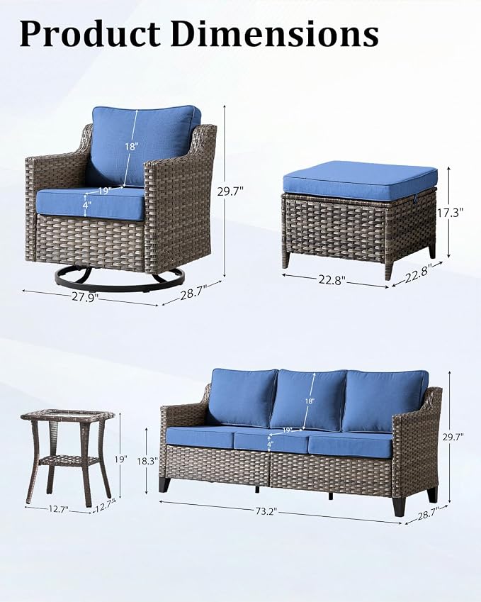 Outdoor Furniture Set of 9, Patio Furniture Set with Swivel Chairs, Sofa, Side Table and Ottomans, High Back&Deep Seat for Garden Deck Porch Balcony Backyard - Blue