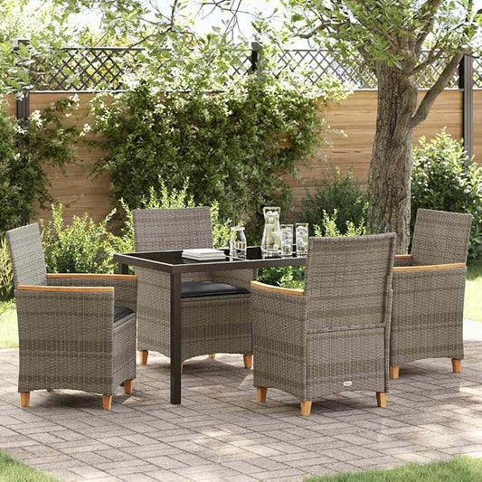 5 Piece Poly Rattan Garden Dining Set, Patio Table and 4 Chairs with Cushions, Modern Grey Outdoor Furniture for Backyard Terrace