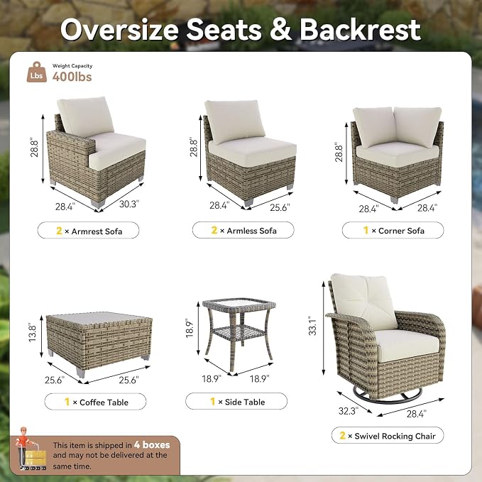 LET'S PATIO Luxury Patio Furniture Set，9 Piece Outdoor Furniture Sectional Set with Swivel Rocker Chairs of 2，All-Weather Patio Sectional Sofas with Thickened Cushions, Beige