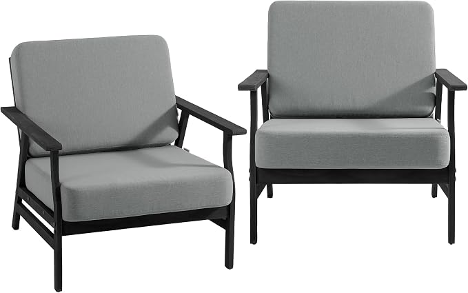 Dark Wood Patio Chair Outdoor Bistro Set, 2 Piece Outdoor Armrest Chair All Weather Patio Sofa Furniture Backyard Conversation Sets with Cushions - Gray