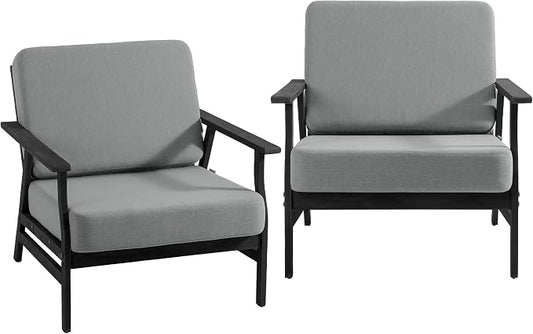 Dark Wood Patio Chair Outdoor Bistro Set, 2 Piece Outdoor Armrest Chair All Weather Patio Sofa Furniture Backyard Conversation Sets with Cushions - Gray
