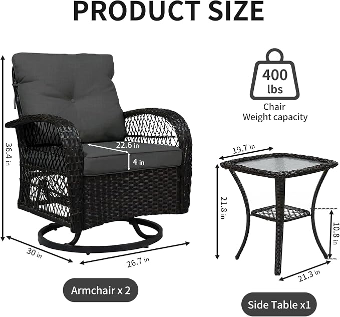 Outdoor Swivel Rocker Patio Chairs with Cushions，Outdoor Swivel Rocking Chairs Set of 2 with Rattan Side Table，360 Degree Swivel Seat Patio Furniture Set for Outside Porch Deck，3 Pieces