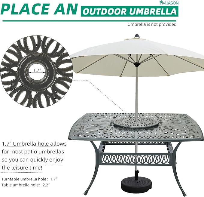VIVIJASON Outdoor 64" Patio Dining Table for 8 Person, Large Square Dining Table with 24" Lazy Susan, Dark Bronze Cast Aluminum Rustic Patio Table W/Umbrella Hole for Balcony, Porch and Deck
