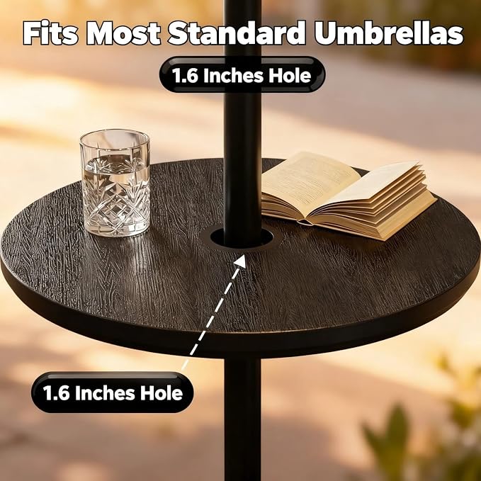 Outdoor Umbrella Table Top, 15'' Outdoor Side Tables with Umbrella Hole, Adjustable Round Umbrella Table Tray for Patio, Garden, Balcony, Pool, Black(2pcs)