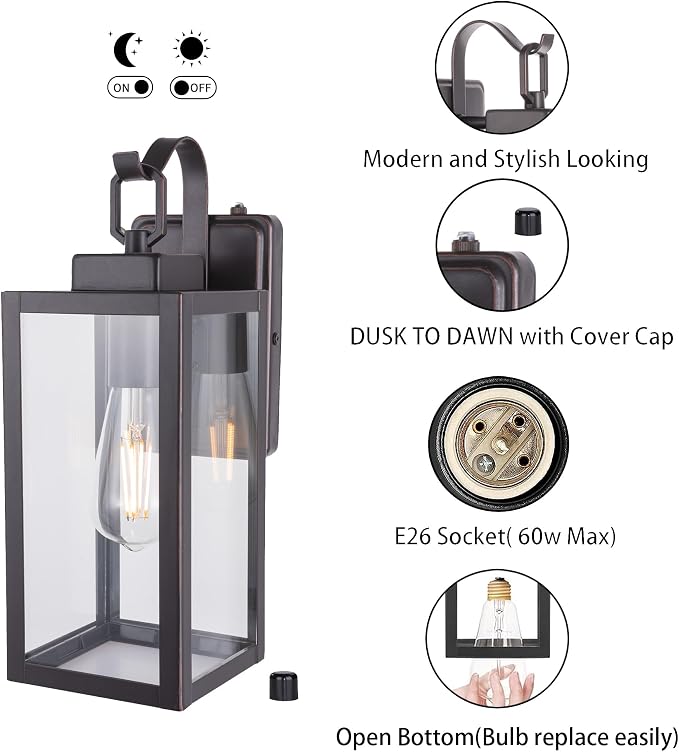 YN-WL009 Outdoor Wall Sconce with Dusk to Dawn Photocell Sensor, Traditional One Light Porch Light, Weather Resistant, Stainless Metal Housing, Clear Glass, Oil Rubbed Bronze, 2-Pack