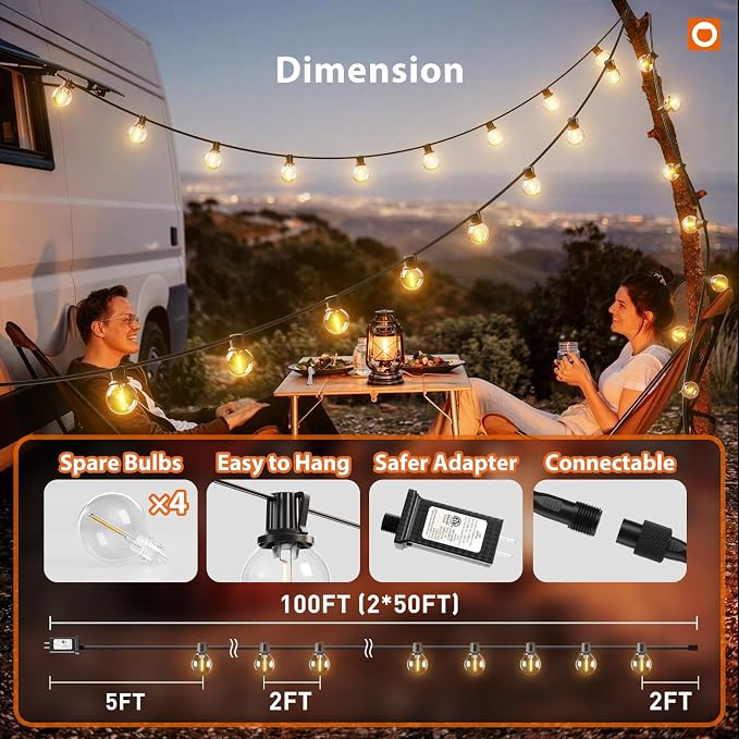 addlon Outdoor String Lights 100FT G40 with APP 54 LED Shatterproof Bulb | Dimmable Patio Globe Light Waterproof, Hanging Smart Outside Lighting for Backyard, Garden, Deck, Balcony, Porch, Café, Decor