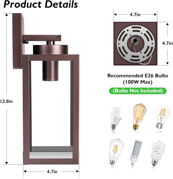 BesLowe Outdoor Wall Light, Modern Exterior Porch Sconce Lighting, Brown | Waterproof, Rust-Resistant, Durable Metal with Clear Glass, Standard E26 Socket, Easy to Install