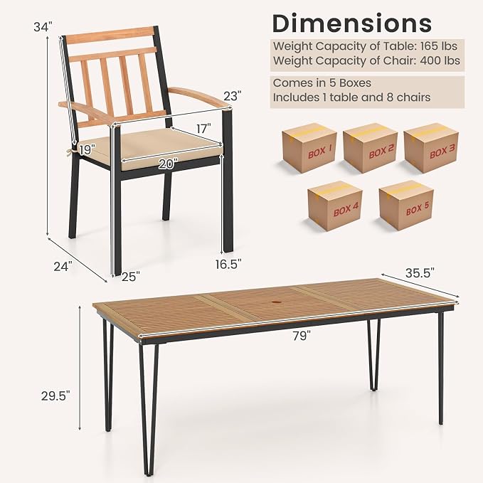 Tangkula 9 Piece Patio Dining Set, Outdoor Dining Furniture Set w/Rectangular Acacia Wood Dining Table & 8 Cushioned Chairs, Metal Frame Dining Set w/Umbrella Hole for Yard, Porch, Garden, Deck