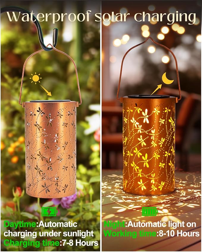 DIBIEECN Birthday Gifts for Women Mom Grandma Wife, Solar Lanterns Outdoor Waterproof, Metal Hanging Lights Garden Decor, LED Decorative Lantern for Patio Porch Backyard,Dragonfly, 1 Pack
