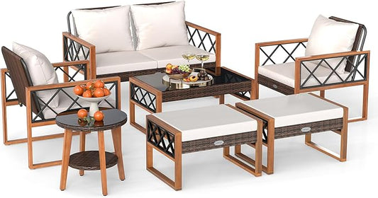 Tangkula 7 Pieces Patio Furniture Conversation Set, Wicker Acacia Wood Outdoor Cushioned Chairs Set with Ottomans, and 2 Tables, for Garden, Deck and Backyard