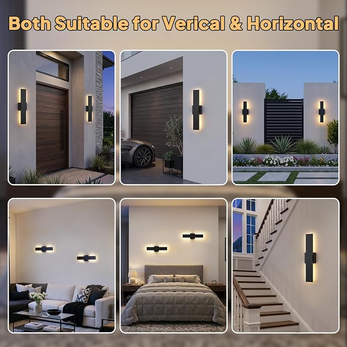 2 Pack LED Outdoor Wall Lights Dimmable, 3000K/4500K/6000K, 15.7" Modern Black Outdoor Wall Sconce, Linear IP65 Waterproof Exterior Wall Light Fixture for Entrance, Hallway, Garage, Porch