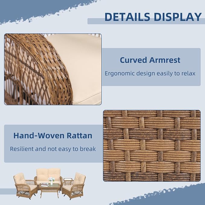 5-Piece Wicker Patio Furniture Sets Outdoor All-Weather Rattan Conversation Set Includes Glider Loveseat, 2 Glass-Top Coffee Tables, 2 Glider Rocker Chairs with Thickened Cushions