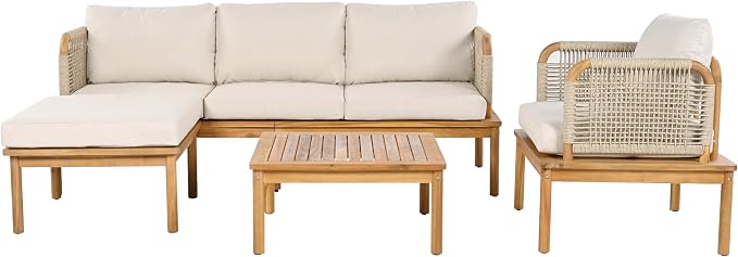 JIVOIT 4-Piece Acacia Wood and Rope Patio Sofa Set, Outdoor Conversation Set with Acacia Wood Coffee Table and Ottoman, Club Chair for Backyard Porch Garden Balcony