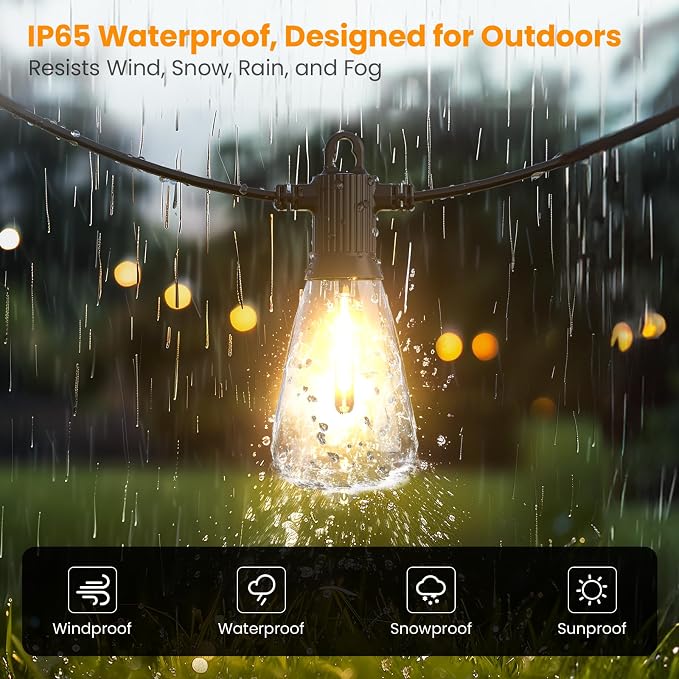Kawaya Outdoor String Lights for Patio - ST38 Outside IP65 Waterproof Hanging Light with 2700k~6000k Dimmable - 100FT Led Edison Lights for Cafe Bistro Yard Gazebo Porch