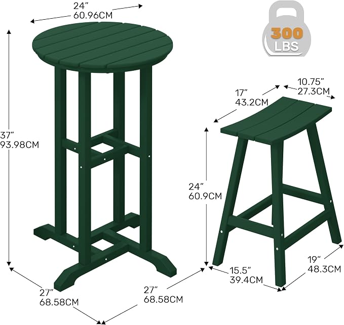Costaelm Outdoor Bar Table, 37" Counter Height Round Patio Cocktail Bar Table, Patio Bar Table 3-Pieces Set Bistro Dining Table Pub Table for Front Porch Deck, Backyard, Garden, Dark Green