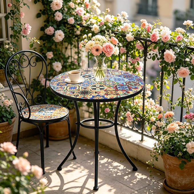 24 Inch Mosaic Patio Round Side Table with Ring Curved Legs Indoor and Outdoor Accent End Table for Yard, Garden, Living Room, Bistro, A - Multicolor Talavera