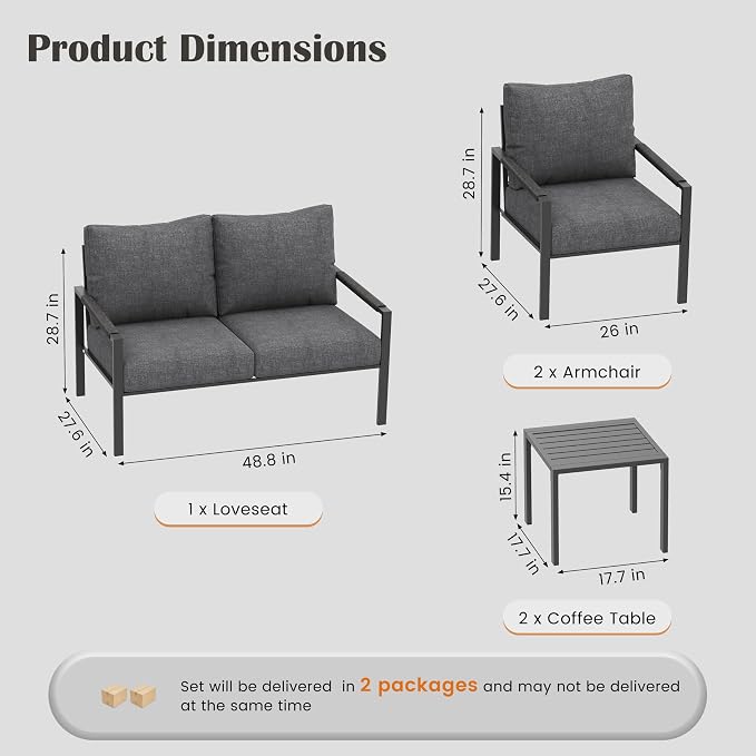 5 Pieces Rattan Outdoor Furniture Set, All-Weather Patio Conversation Set with Dark Grey Cushions and Coffee Tables for Garden, Backyard, Balcony, Poolside