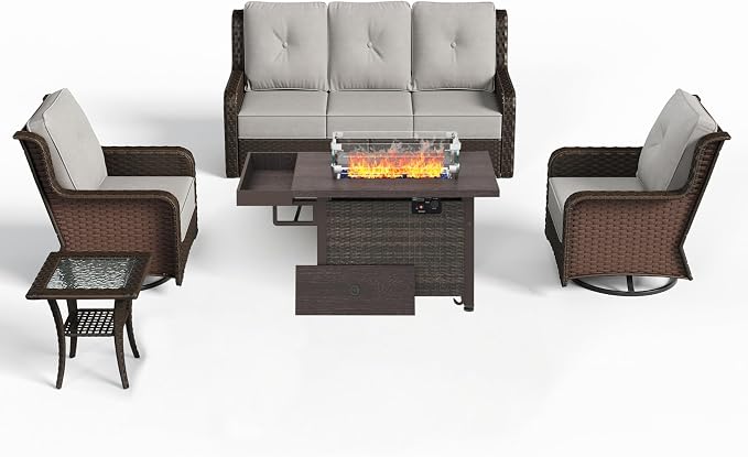 Sundale Outdoor Wicker Patio Furniture Set with Fire Pit, 5 Piece All Weather Outdoor Furniture Set with Swivel Chairs & Couch, High Back Patio Conversation Sets with 6" Cushions for Yard, Deck (Grey)