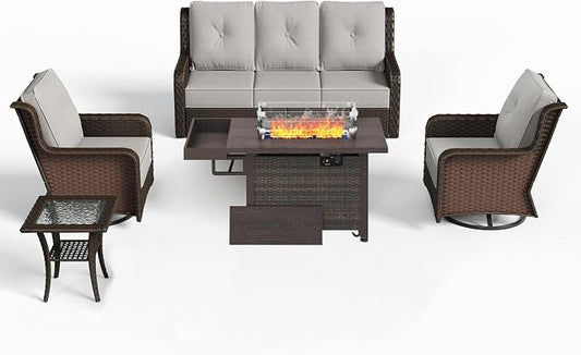 Sundale Outdoor Wicker Patio Furniture Set with Fire Pit, 5 Piece All Weather Outdoor Furniture Set with Swivel Chairs & Couch, High Back Patio Conversation Sets with 6" Cushions for Yard, Deck (Grey)