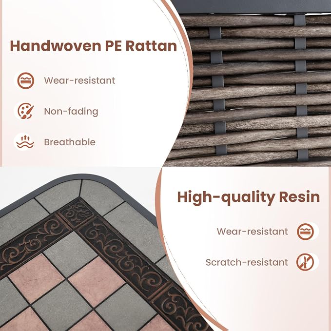 HAPPYGRILL Outdoor Wicker Side Table with Umbrella Hole, PE Rattan Square Coffee Table with Resin Top, Metal Frame, Small End Side Table for Garden, Yard, Poolside, Deck